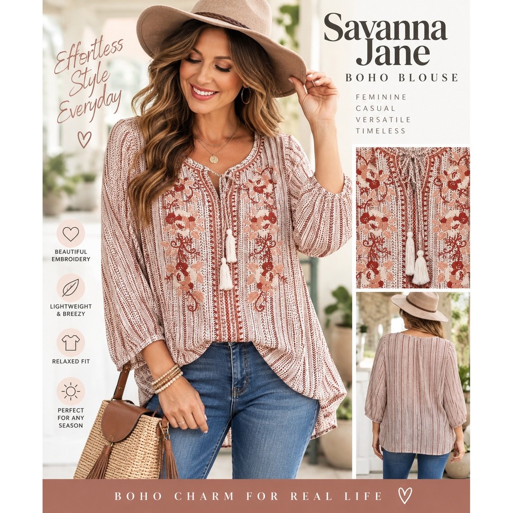 Savanna Jane Top Women's 2X White Red Long Sleeve Embroidered Boho V-Neck